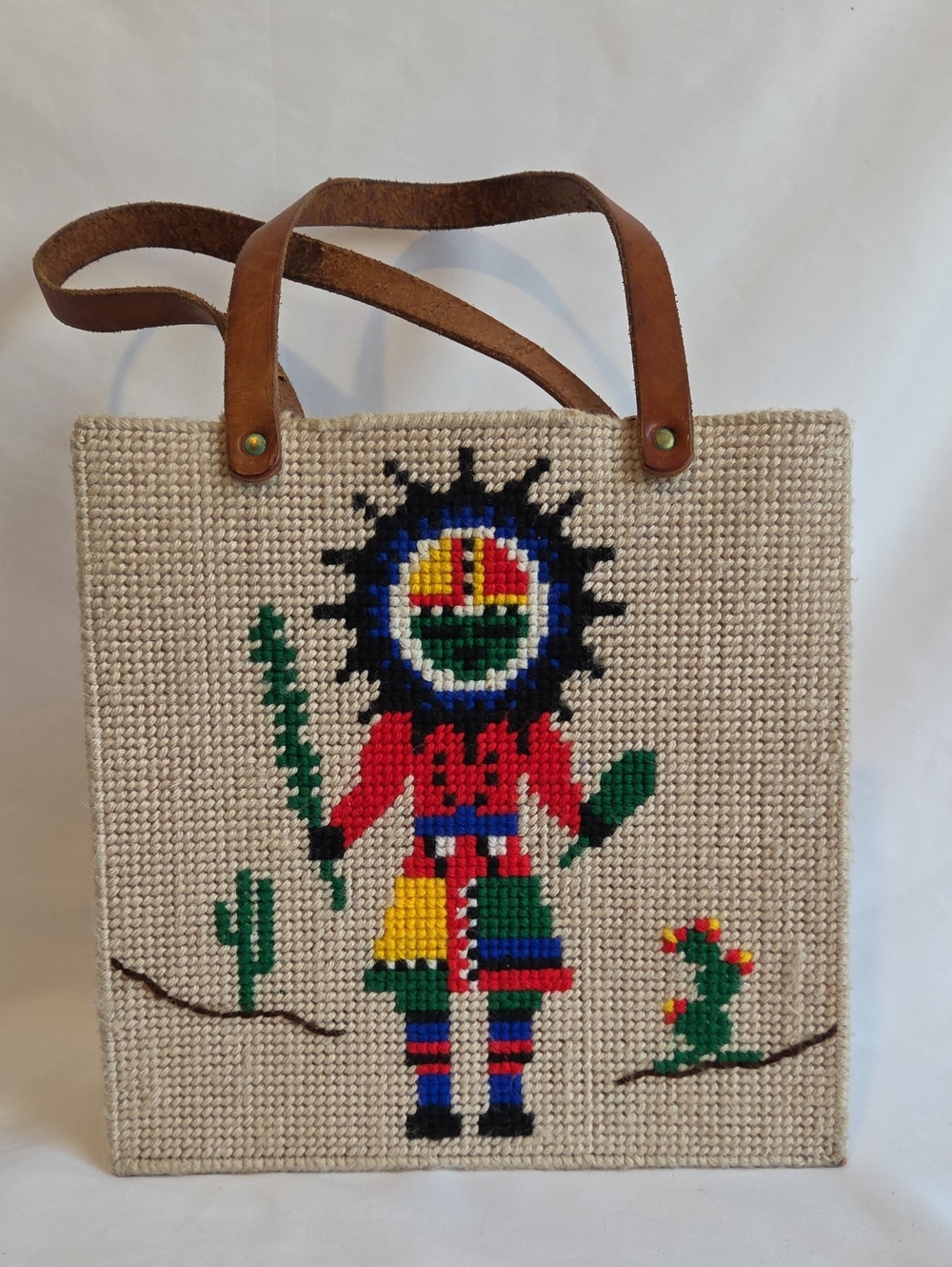 Handmade Beige Needlepoint Tote Bag with Colorful Southwestern Motif